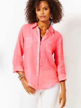 Size S Pulitzer Coral Sea View Button-Down 100% Linen Shirt-1 Flaw